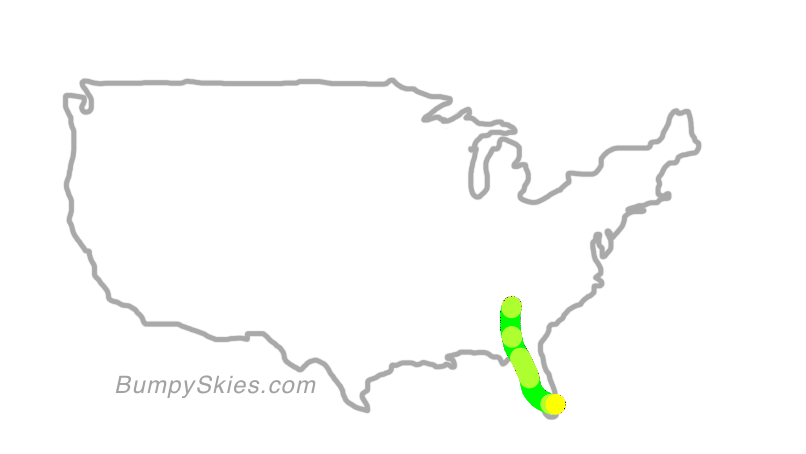 Map of continental US with illustrated flight path and turbulence forecast (described in text below)