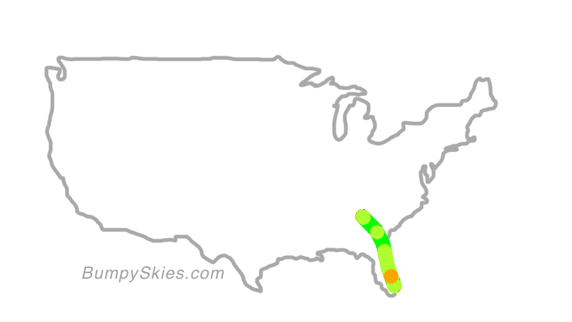 Map of continental US with illustrated flight path and turbulence forecast (described in text below)