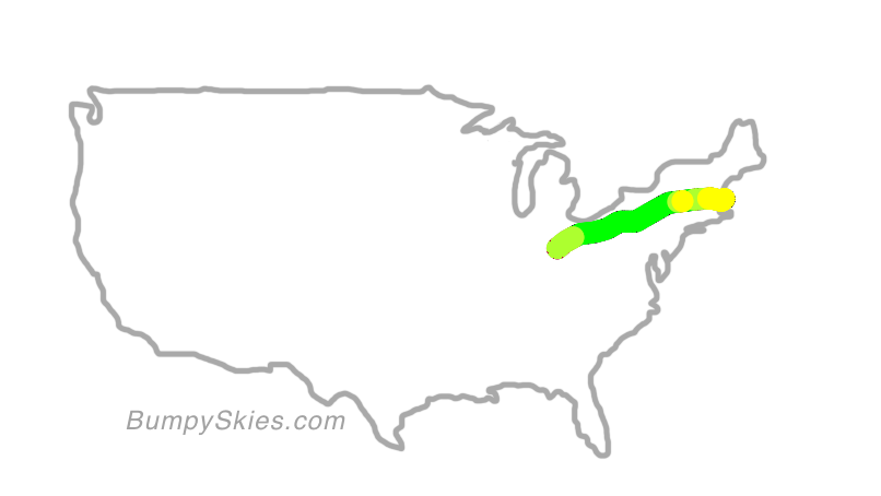Map of continental US with illustrated flight path and turbulence forecast (described in text below)