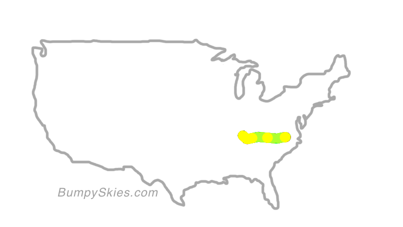 Map of continental US with illustrated flight path and turbulence forecast (described in text below)