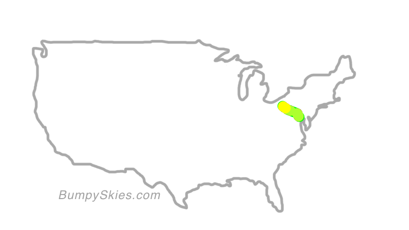 Map of continental US with illustrated flight path and turbulence forecast (described in text below)