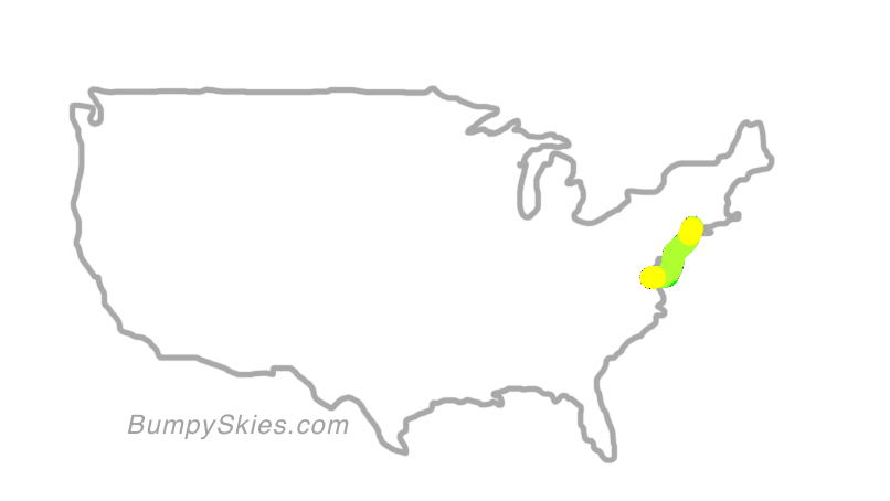 Map of continental US with illustrated flight path and turbulence forecast (described in text below)