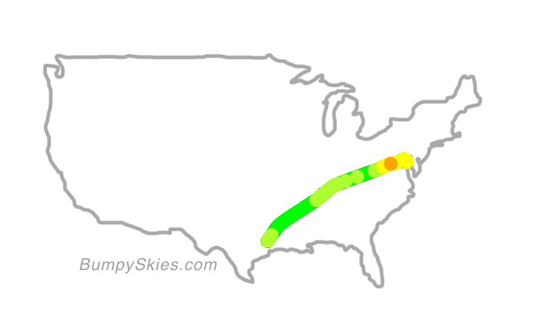 Map of continental US with illustrated flight path and turbulence forecast (described in text below)