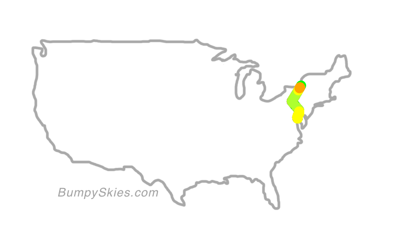 Map of continental US with illustrated flight path and turbulence forecast (described in text below)