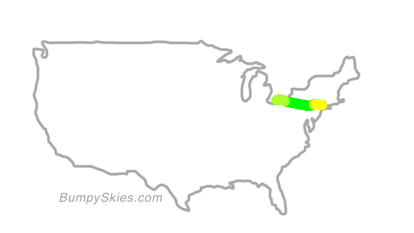 Map of continental US with illustrated flight path and turbulence forecast (described in text below)