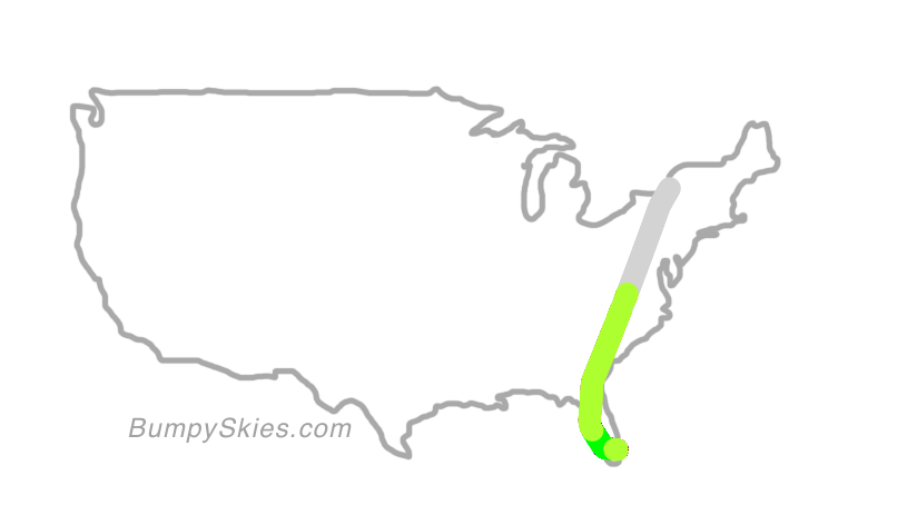 Map of continental US with illustrated flight path and turbulence forecast (described in text below)
