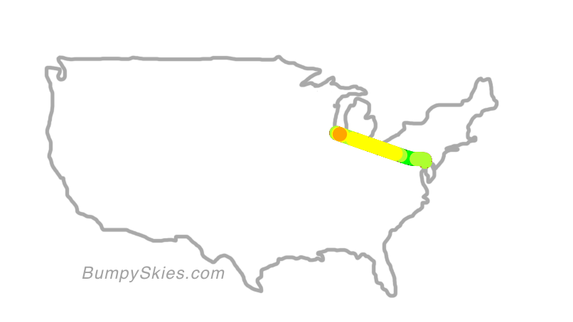 Map of continental US with illustrated flight path and turbulence forecast (described in text below)