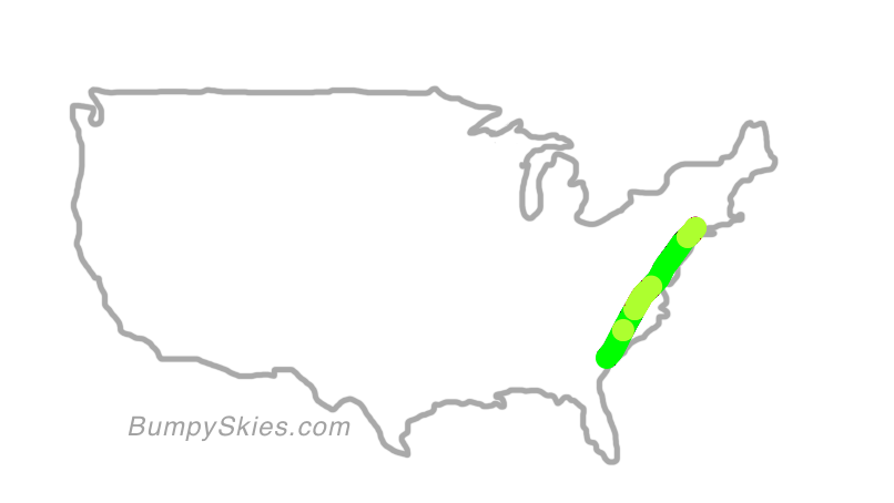 Map of continental US with illustrated flight path and turbulence forecast (described in text below)