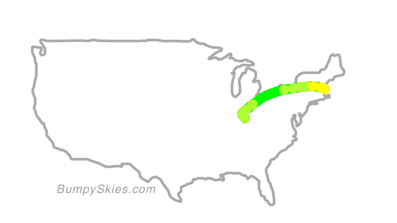 Map of continental US with illustrated flight path and turbulence forecast (described in text below)