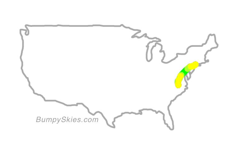 Map of continental US with illustrated flight path and turbulence forecast (described in text below)