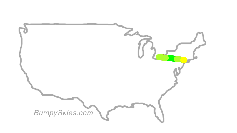 Map of continental US with illustrated flight path and turbulence forecast (described in text below)