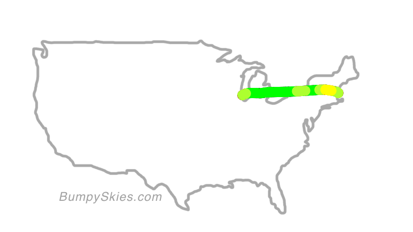 Map of continental US with illustrated flight path and turbulence forecast (described in text below)
