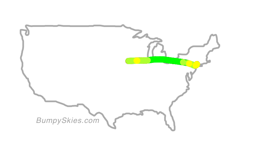 Map of continental US with illustrated flight path and turbulence forecast (described in text below)