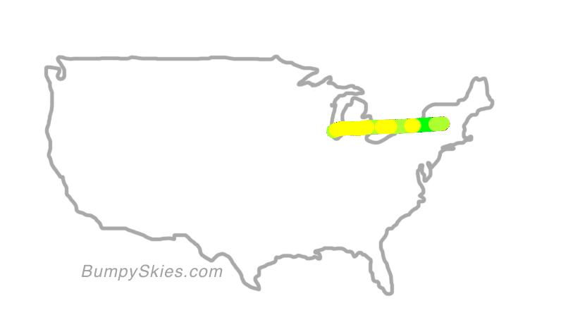 Map of continental US with illustrated flight path and turbulence forecast (described in text below)