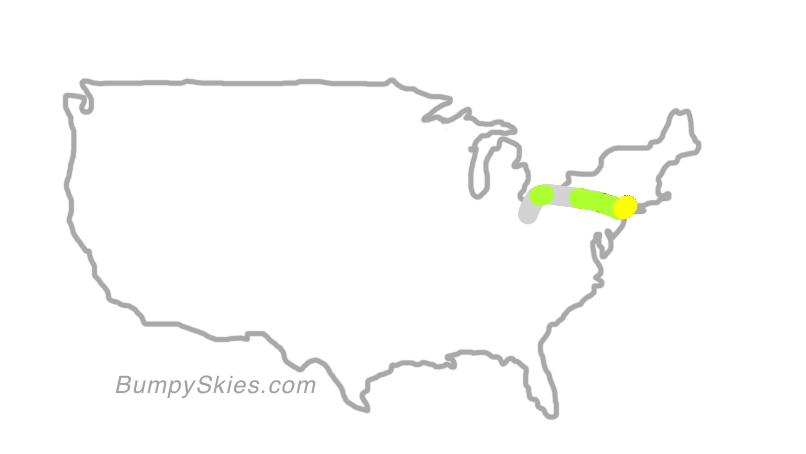 Map of continental US with illustrated flight path and turbulence forecast (described in text below)
