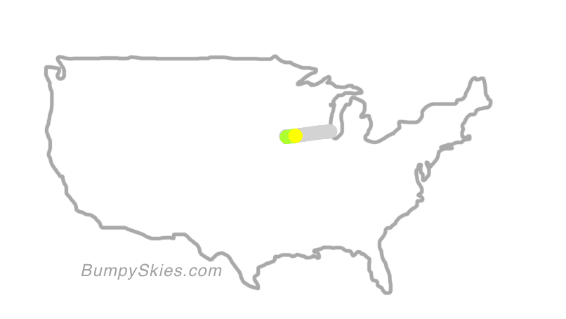 Map of continental US with illustrated flight path and turbulence forecast (described in text below)