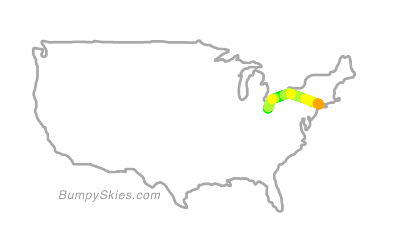 Map of continental US with illustrated flight path and turbulence forecast (described in text below)