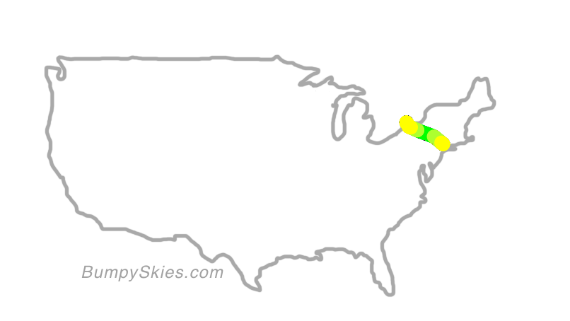 Map of continental US with illustrated flight path and turbulence forecast (described in text below)
