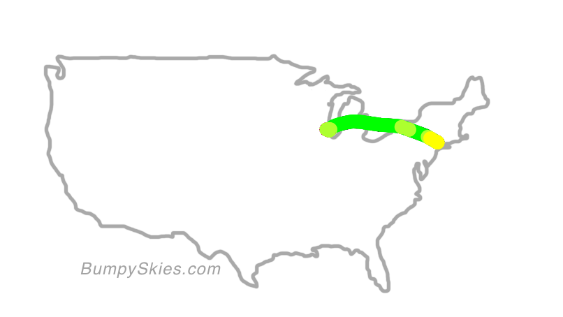 Map of continental US with illustrated flight path and turbulence forecast (described in text below)