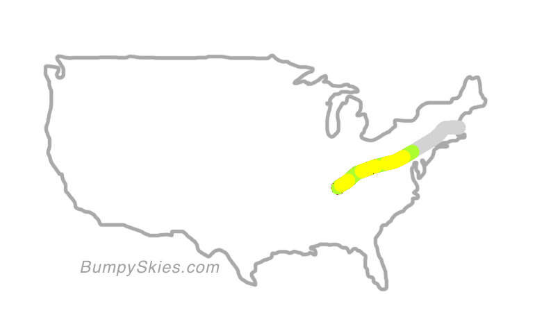Map of continental US with illustrated flight path and turbulence forecast (described in text below)