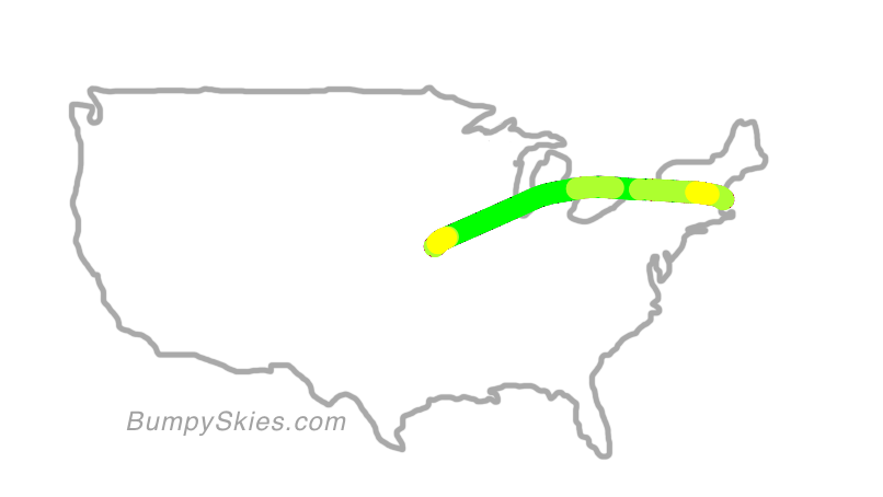 Map of continental US with illustrated flight path and turbulence forecast (described in text below)