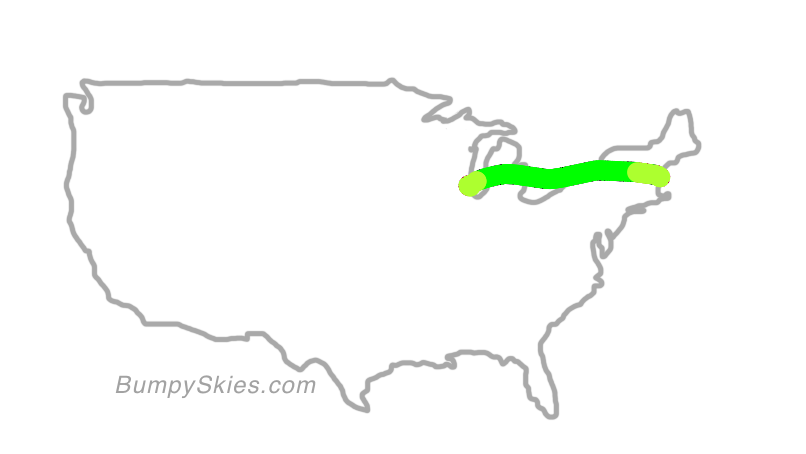 Map of continental US with illustrated flight path and turbulence forecast (described in text below)