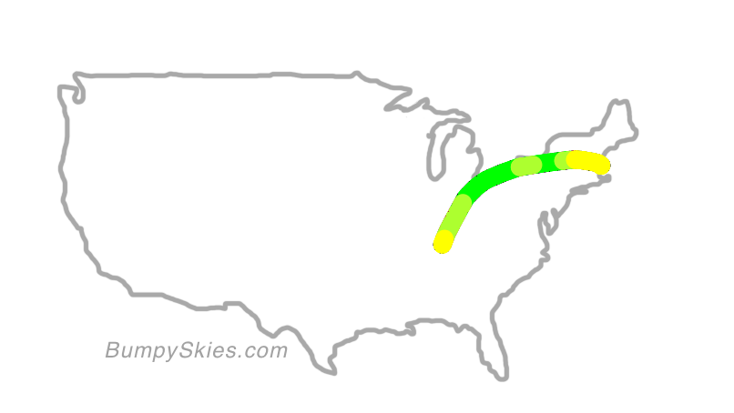 Map of continental US with illustrated flight path and turbulence forecast (described in text below)
