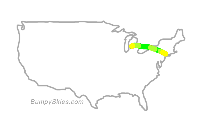 Map of continental US with illustrated flight path and turbulence forecast (described in text below)