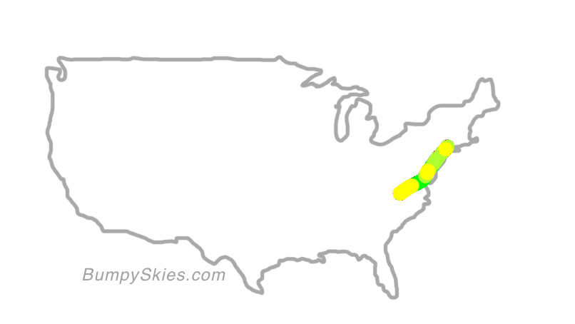 Map of continental US with illustrated flight path and turbulence forecast (described in text below)