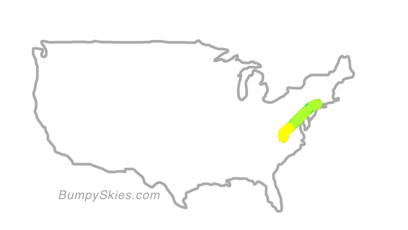 Map of continental US with illustrated flight path and turbulence forecast (described in text below)