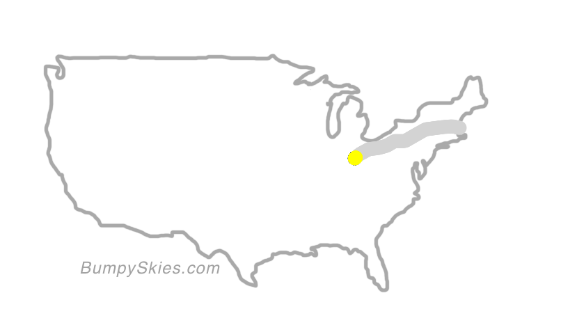 Map of continental US with illustrated flight path and turbulence forecast (described in text below)