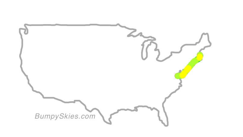 Map of continental US with illustrated flight path and turbulence forecast (described in text below)