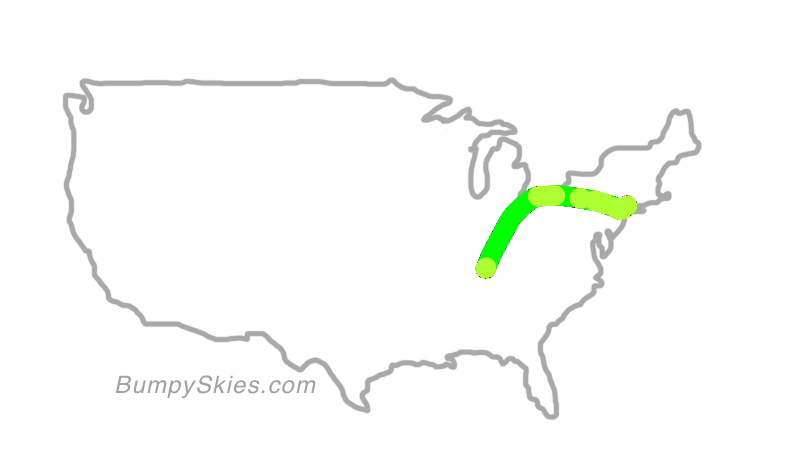 Map of continental US with illustrated flight path and turbulence forecast (described in text below)