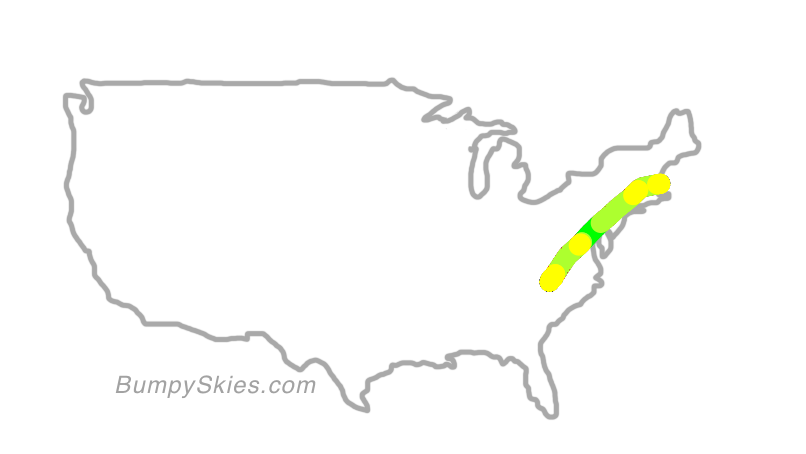 Map of continental US with illustrated flight path and turbulence forecast (described in text below)