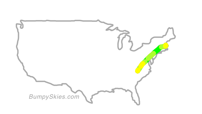 Map of continental US with illustrated flight path and turbulence forecast (described in text below)