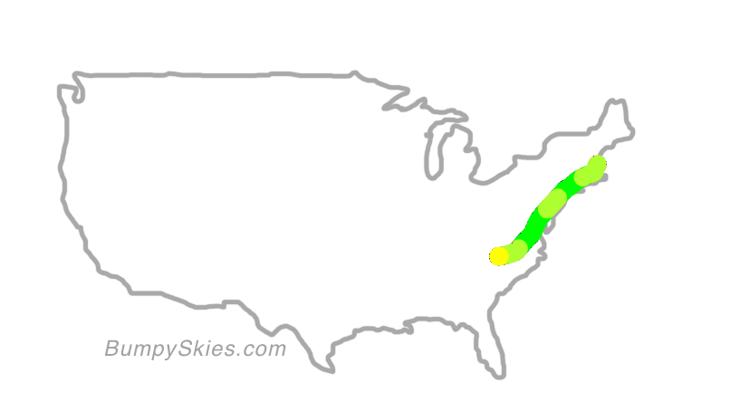 Map of continental US with illustrated flight path and turbulence forecast (described in text below)