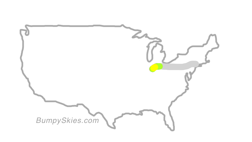 Map of continental US with illustrated flight path and turbulence forecast (described in text below)