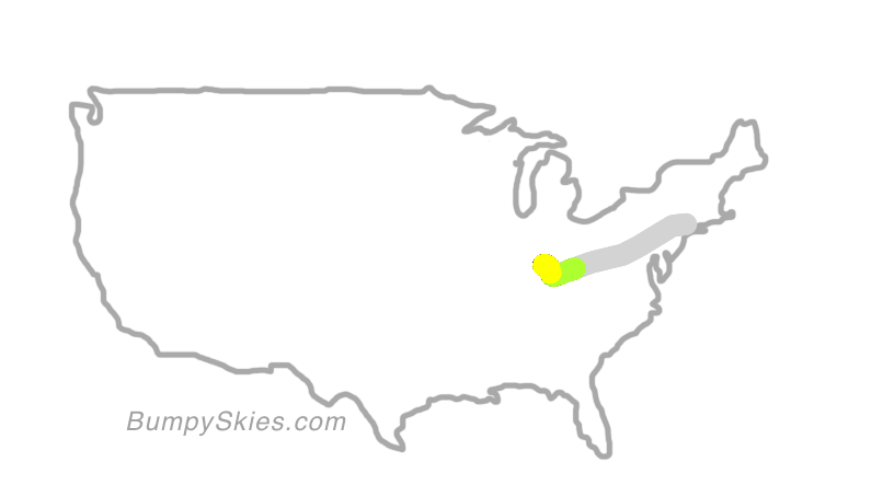 Map of continental US with illustrated flight path and turbulence forecast (described in text below)