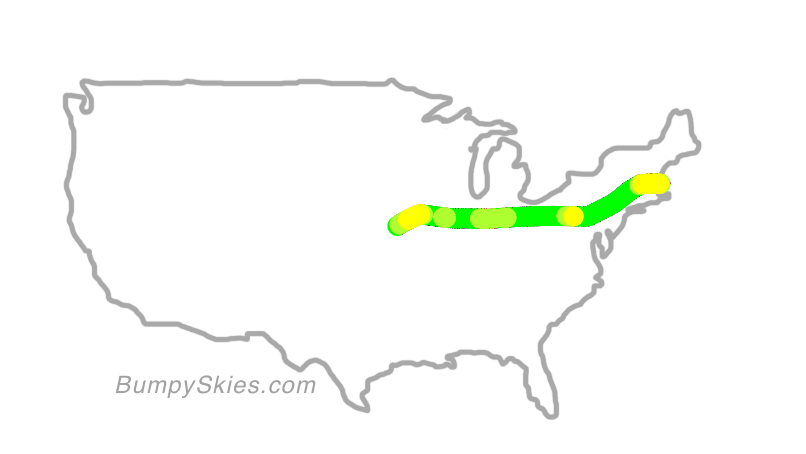 Map of continental US with illustrated flight path and turbulence forecast (described in text below)