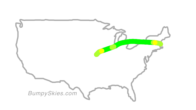 Map of continental US with illustrated flight path and turbulence forecast (described in text below)