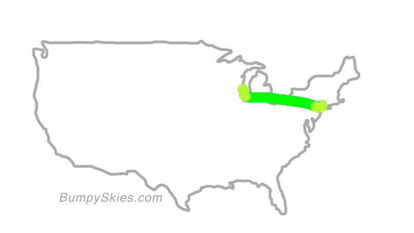 Map of continental US with illustrated flight path and turbulence forecast (described in text below)