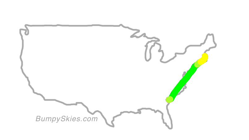Map of continental US with illustrated flight path and turbulence forecast (described in text below)