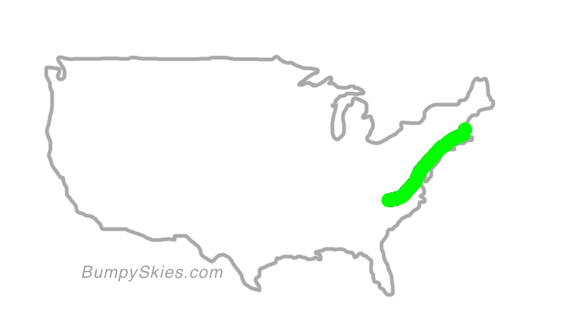 Map of continental US with illustrated flight path and turbulence forecast (described in text below)
