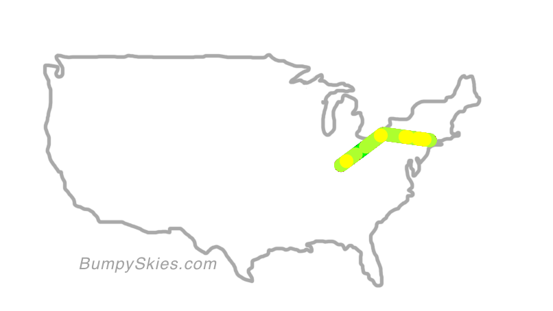 Map of continental US with illustrated flight path and turbulence forecast (described in text below)