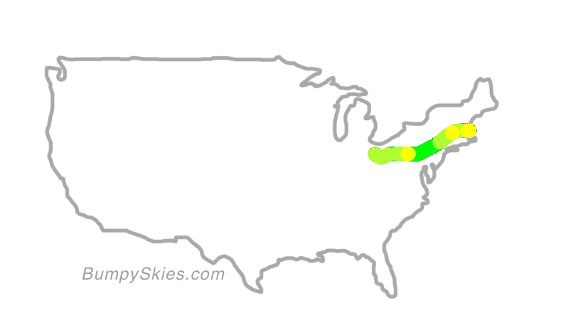 Map of continental US with illustrated flight path and turbulence forecast (described in text below)