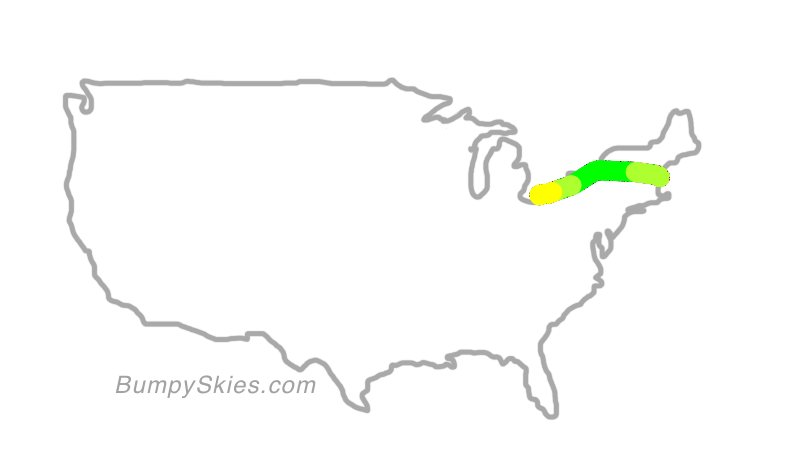 Map of continental US with illustrated flight path and turbulence forecast (described in text below)