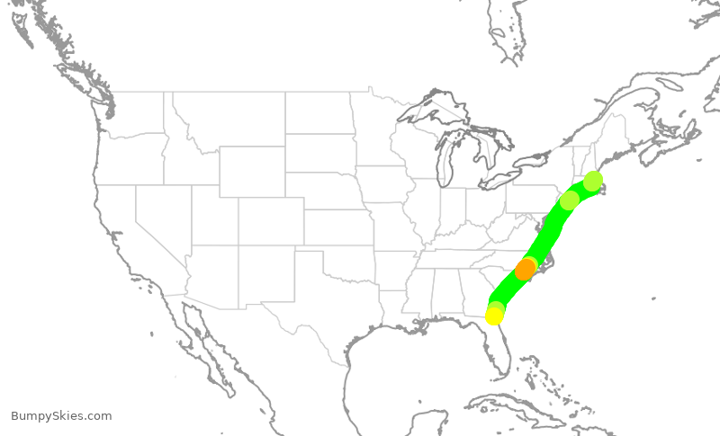 Turbulence forecast map for RPA5657, JAX to BOS