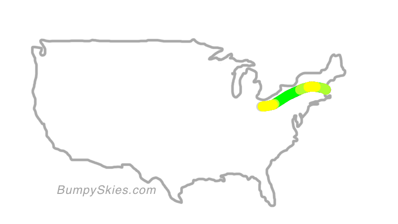 Map of continental US with illustrated flight path and turbulence forecast (described in text below)