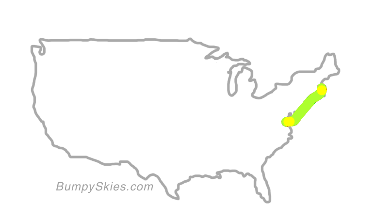 Map of continental US with illustrated flight path and turbulence forecast (described in text below)