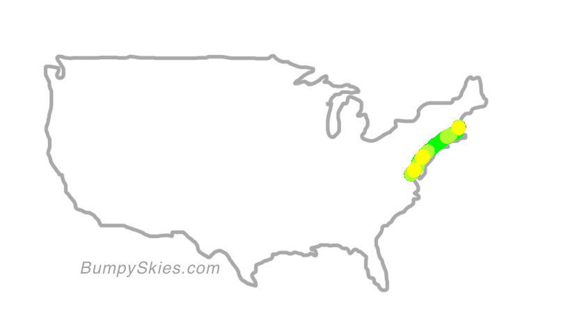 Map of continental US with illustrated flight path and turbulence forecast (described in text below)